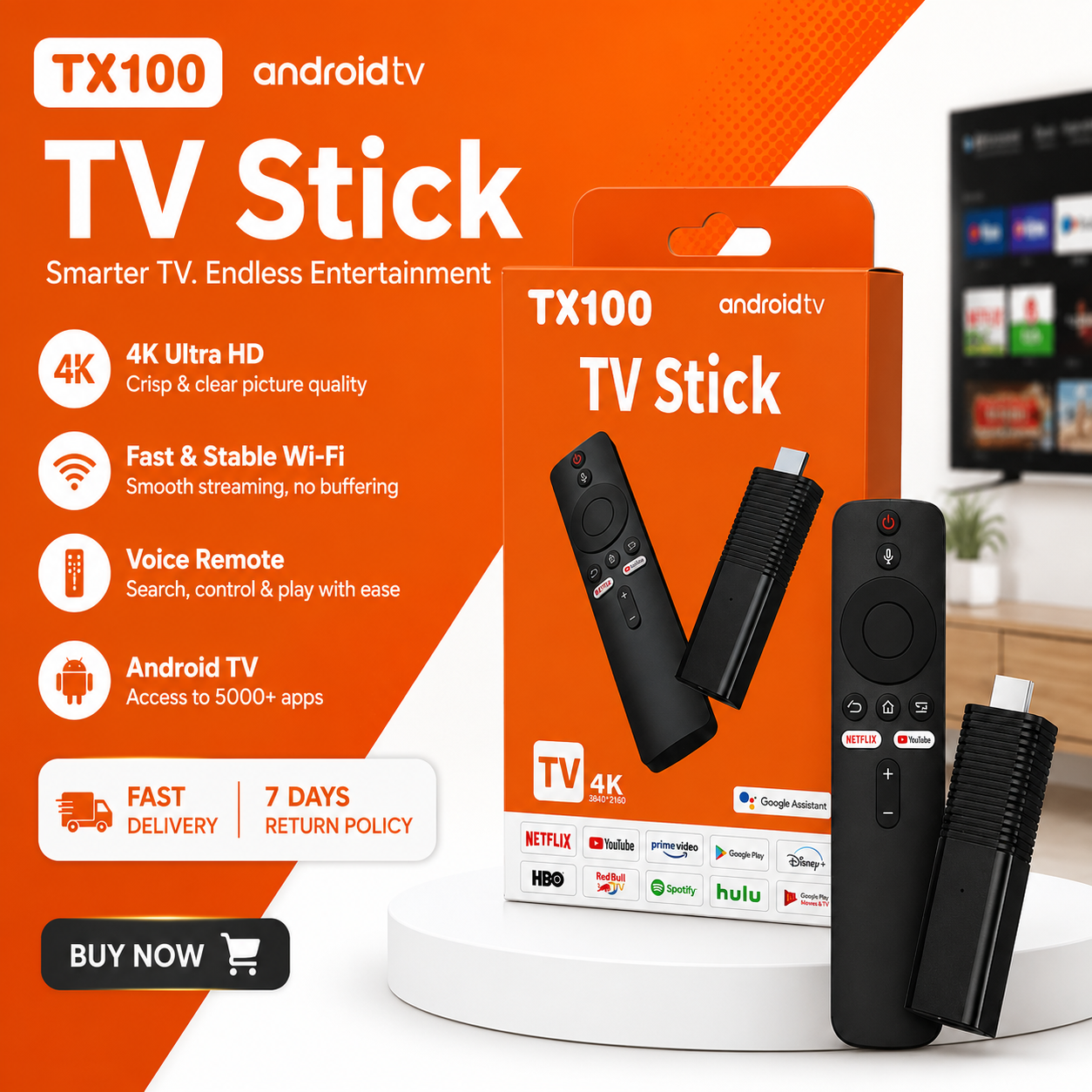 TX100 Android TV Stick 4K Ultra HD Voice Remote Dual Band WiFi Chromecast Built  (9)